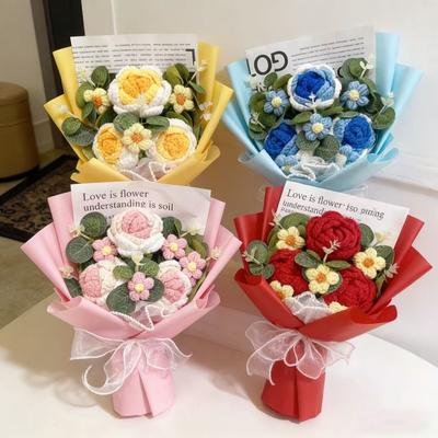 Artificial Crochet Roses Finished Knitted Flower Bouquets Creative Christmas Birthday Valentine Graduation Gifts