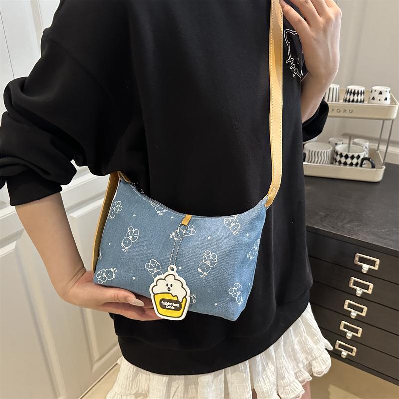Korean Version of Single Shoulder 2025 Spring Simple Casual Portable Cute Cat Print Denim Small Square Bag Dark Blue