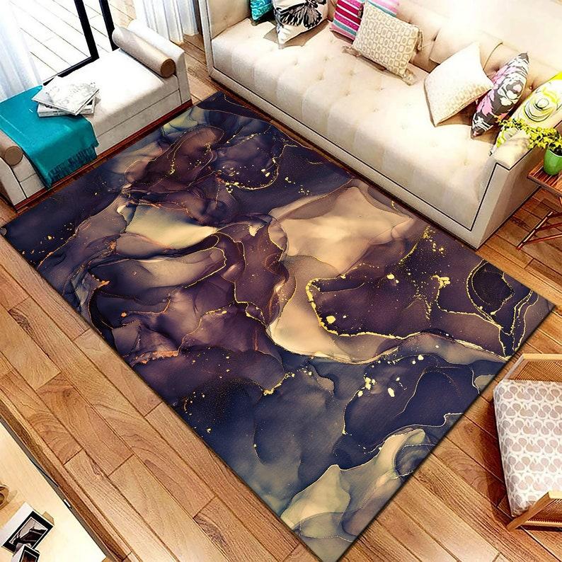 Purple Dark Blue Gold Marble Area Rug Contemporary Shimmery Design Alcohol Ink Rug for Living Room Custom Home Decoration