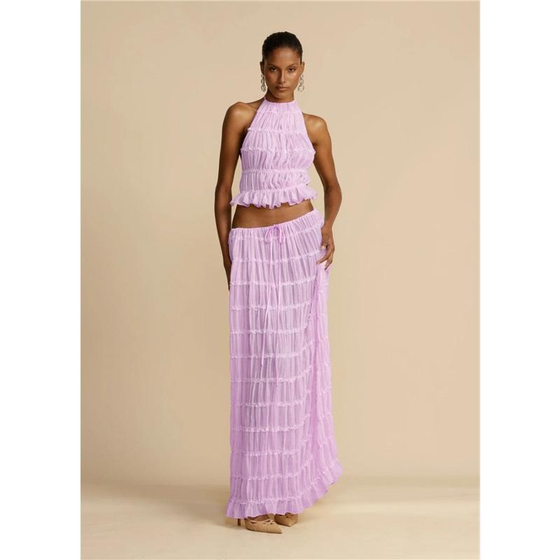 Damen Neuer einfarbiger 2-teiliger lässiger Neckholder-Tragekomfort Mehr Sommer Ärmellos Locker Urlaub Damen Rockanzug