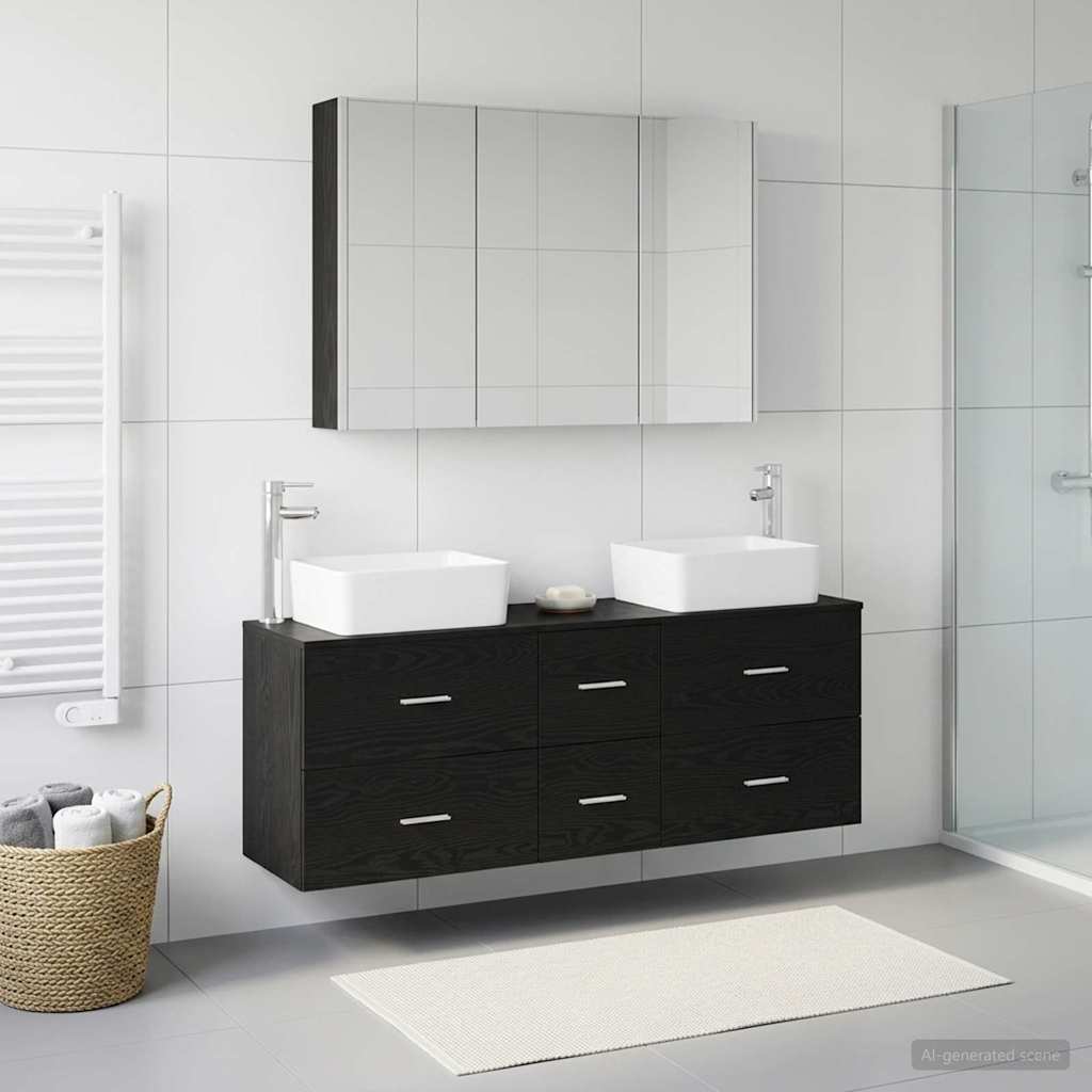 Bathroom Furniture Set 4 pcs Black Oak Engineered Wood and Glass