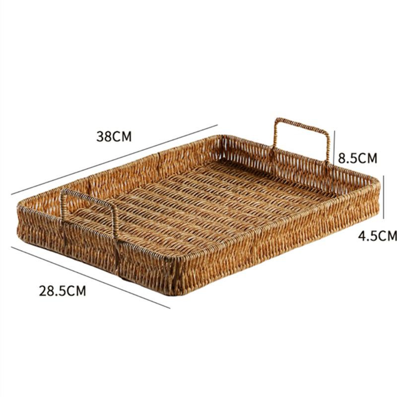 Plastic Storage Tray With Handle Imitation Rattan Weaving Basket Sundries Plate Fruit Platter Tea Tray Dinner Serving Tray