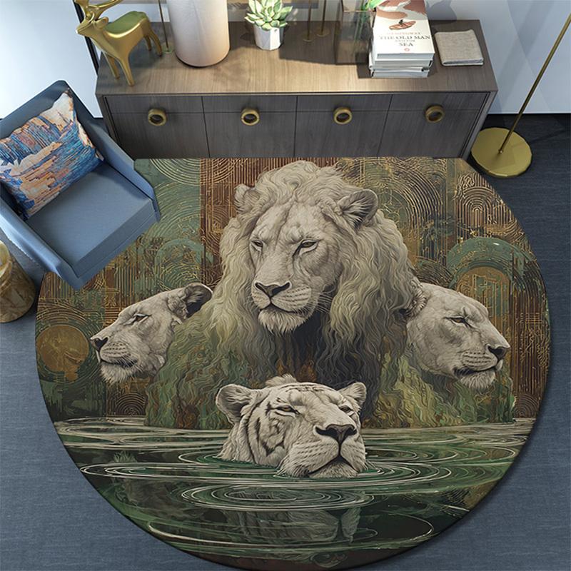 Lions Round Area Rug,Carpet Rug for Living Room Bedroom Sofa Playroom Decor,Non-slip Floor Mat