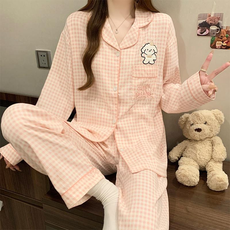 Color polka dot pajamas women's long-sleeved trousers spring and autumn cloud cotton suit casual cardigan simple loungewear