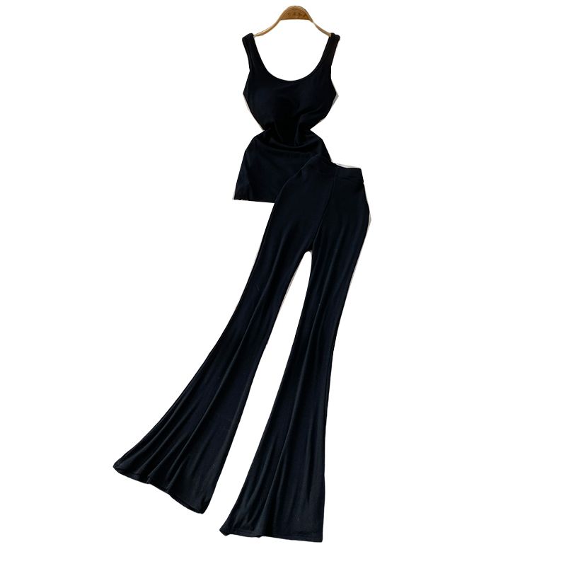 Gyaru Style Sleeveless Cami with Chest Padding Design Sense Pleat Waist Hugging Top + High Waist Slimming Trumpet pants Two-piece Set