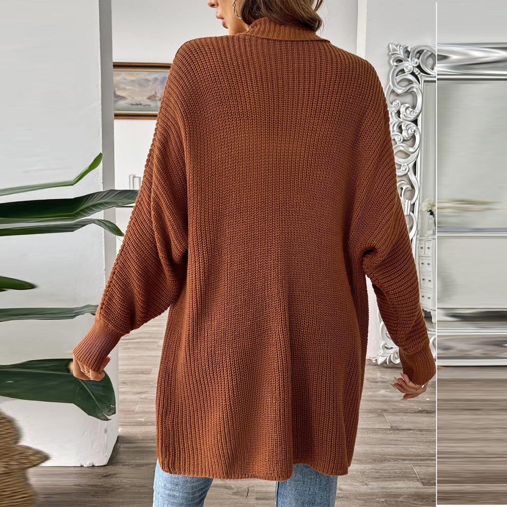 Women's Long Sleeved Solid Color Medium Length Knitted Cardigan Jacket Sweater Knitted Sweater