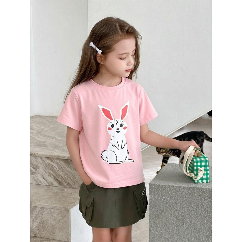 Clothing for Middle and Large Children 2026 Summer New Style Girls' Pure Cotton Cartoon Bunny Print Short-Sleeved T-Shirt Kidsren's Clothing