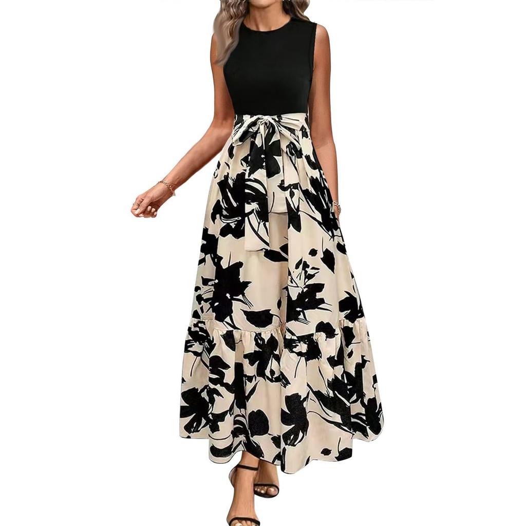 Women's Floral Print High Waist Fashionable And Elegant Sleeveless Dress