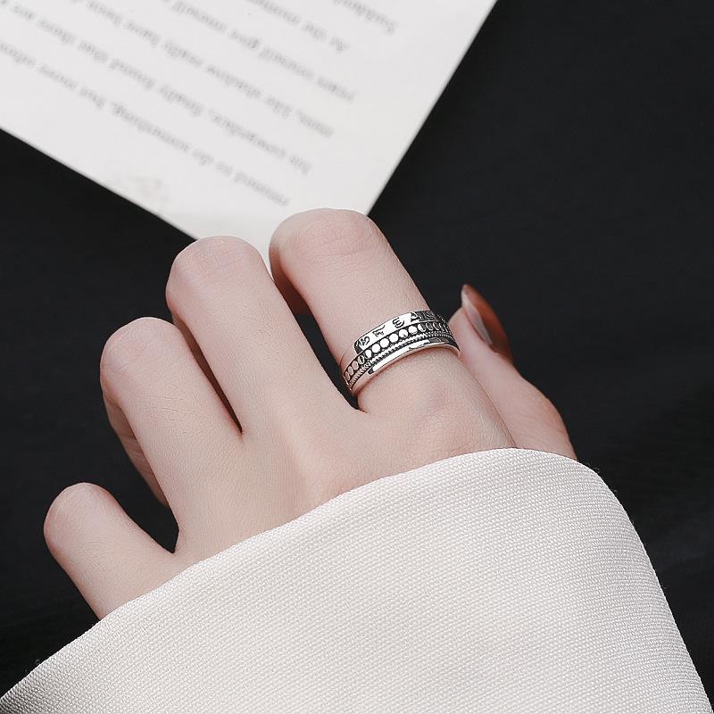 CaiYi S925 Sterling Silver Antiqued Six-Character Mantra Ring for Women, Stackable Index Finger Ring, Retro Chinese Style Lucky Jewelry