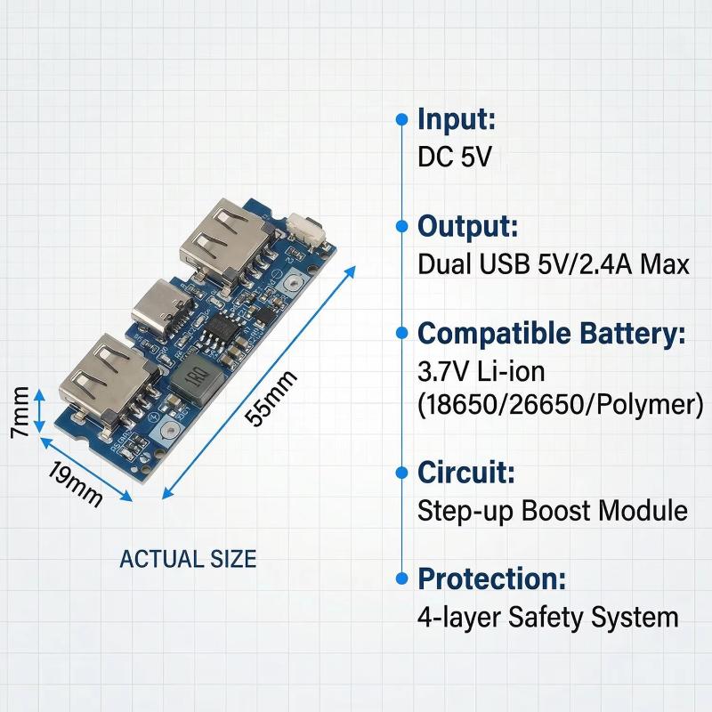 Multi-Device Compatible 18650 Boost Charger Board 2.4A Dual USB Micro Type-C for DIY Power Bank Production