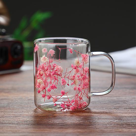 Double Wall Glass Coffee Mug with Handle Colorful Petal Design Tumbler Creative Insulated Cup for Hot