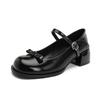 Spring New Bow Mary Jane Shoes, Women Chunky Heel Round Toe French Shallow Mouth Leather Flat Pumps