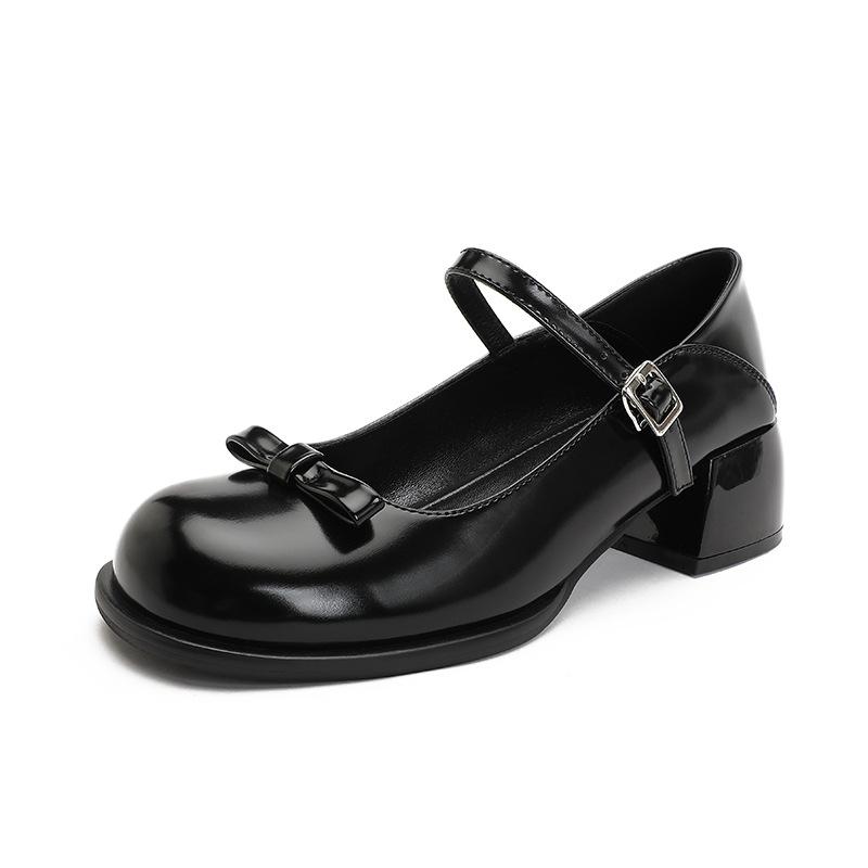 Spring New Bow Mary Jane Shoes, Women Chunky Heel Round Toe French Shallow Mouth Leather Flat Pumps