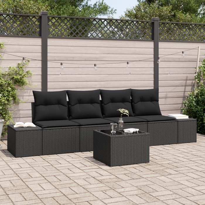 VidaXL Ensemble de canapé de jardin de 5 pièces avec coussins noir en poly rotin 3346933