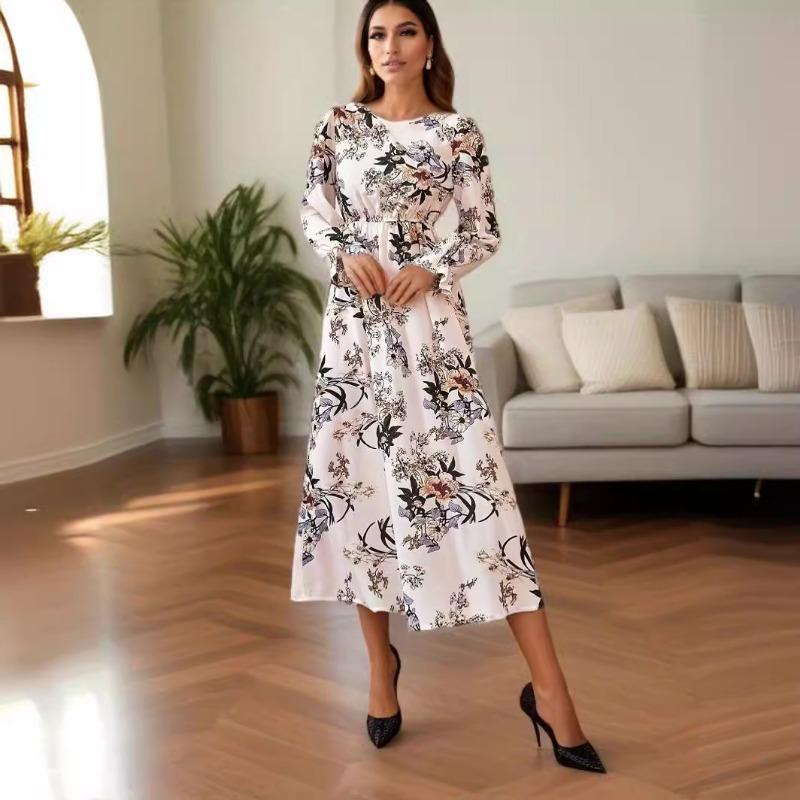 Women Vintage Print Long Sleeve Loose Round Neck A Line Long Dress