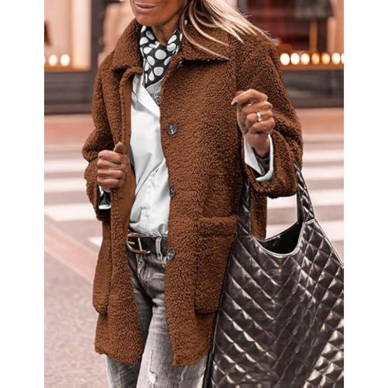 Lamb Wool Coat for Women Long Sleeves Turndown Collar  Medium Length Cotton Jacket Solid Color Warm Comfortable Autumn and Winter