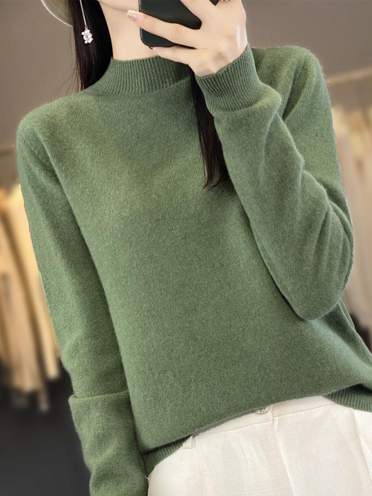 Women's Slimming Wool Sweater - Half High Neck, Long Sleeve, Loose Velvet Pullover, Versatile Knitwear for Autumn/Winter.