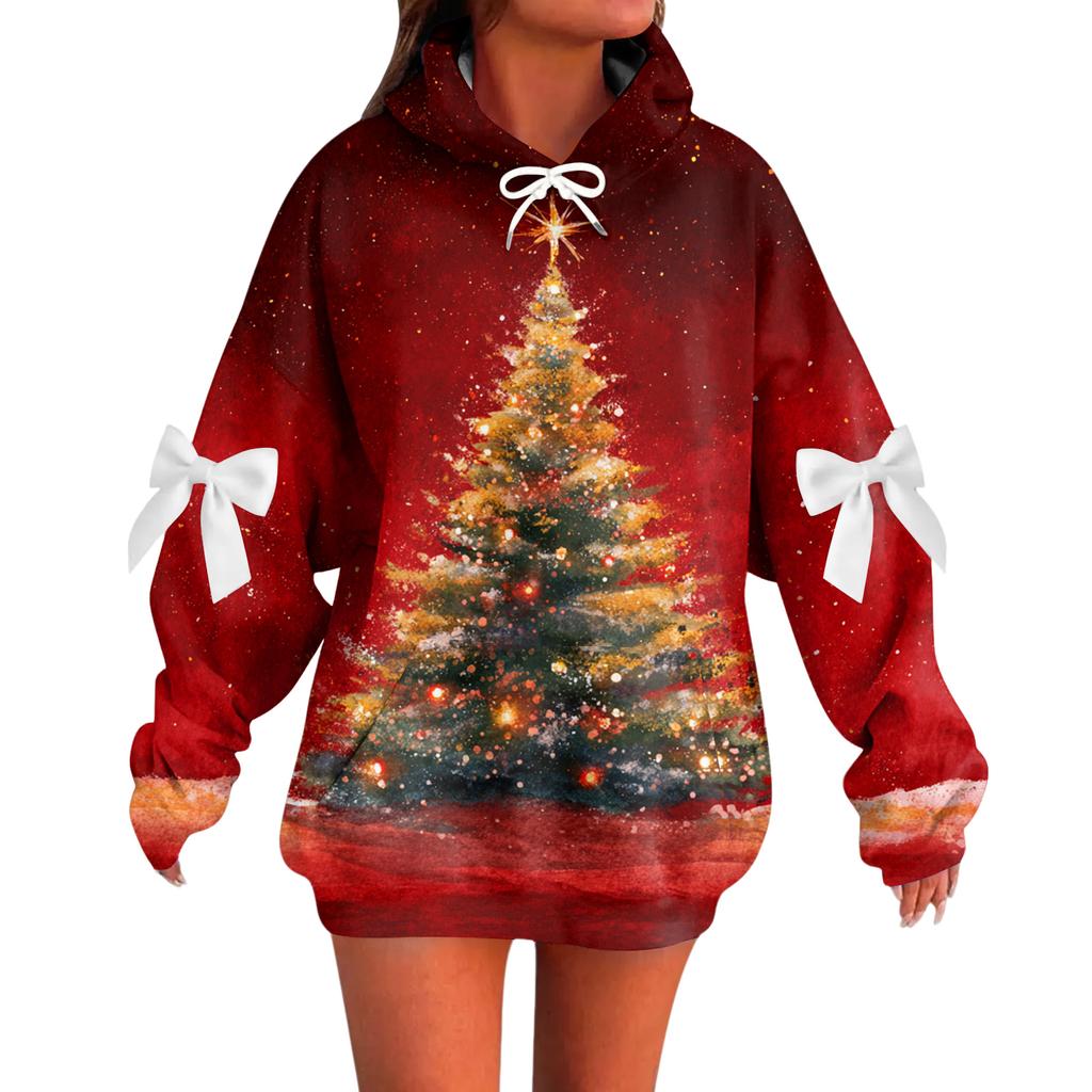 Ladies' Christmas Printed Bow Long Sleeved Loose Fitting Headband With Rope Hooded Sweatshirt Top