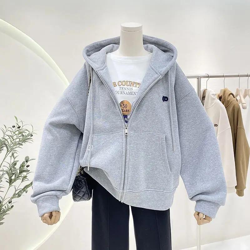 Fleece-Lined Hooded Sweatshirt Women's Loose-Fit Sensible Niche Slimming Versatile Plus Size Casual Girlfriend Trendy Jacket