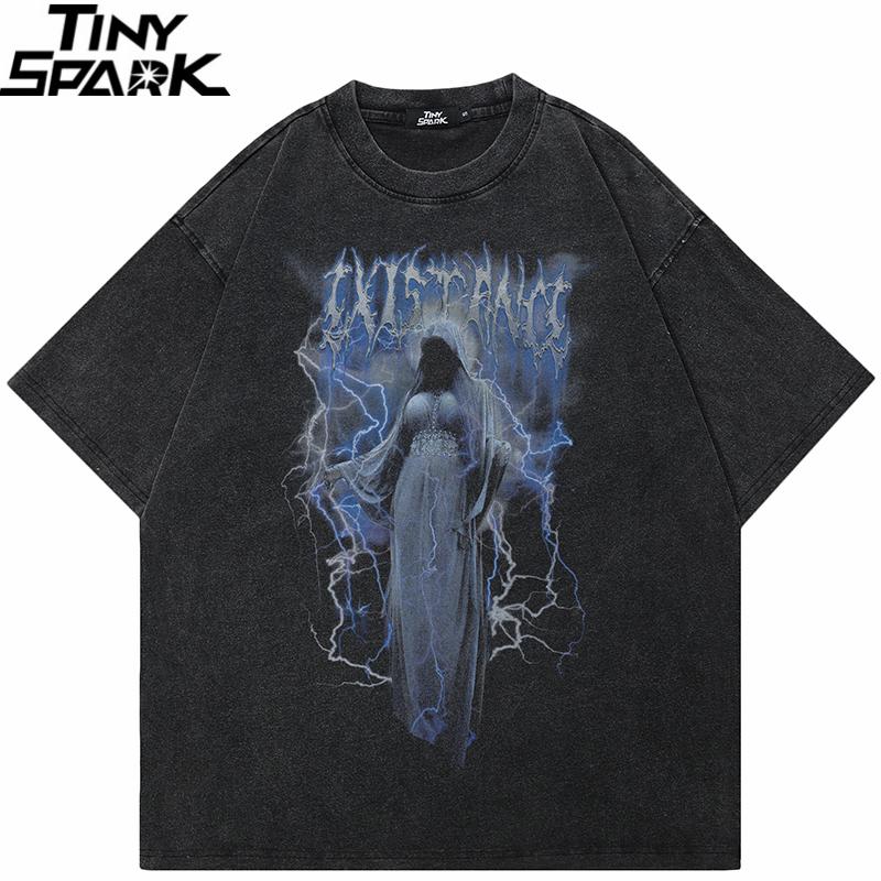 Hip Hop Streetwear Men TShirt Oversized Lightning God Graphic T Shirt Retro Washed Black Tshirt Cotton Unisex Tops Tees
