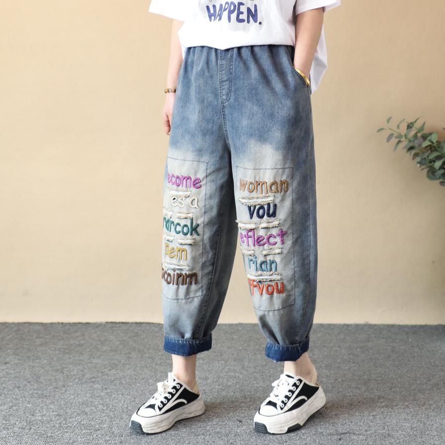DIMANAF 2025 Nadměrná velikost Letní harémové dámské vyšívané džíny Ležérní s vysokým pasem Elastické Základní Jednobarevné Volné kalhoty
