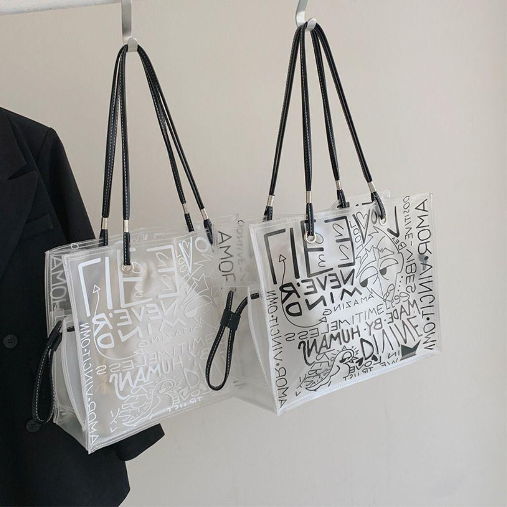 

Large Capacity Shoulder Bag Graffiti Jelly Clear Bag Casual Transparent Tote Bag Summer чорний