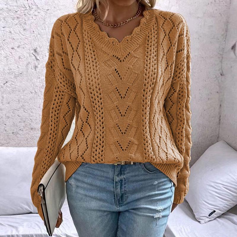 Women's Knit Hollow V-neck Long Sleeve Pullover Sweater