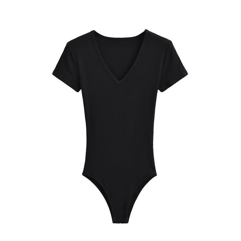 Damen Slim Stretch V-Ausschnitt Jumpsuit T-Shirt - Sexy Kurzarm Basisschicht Oberteil