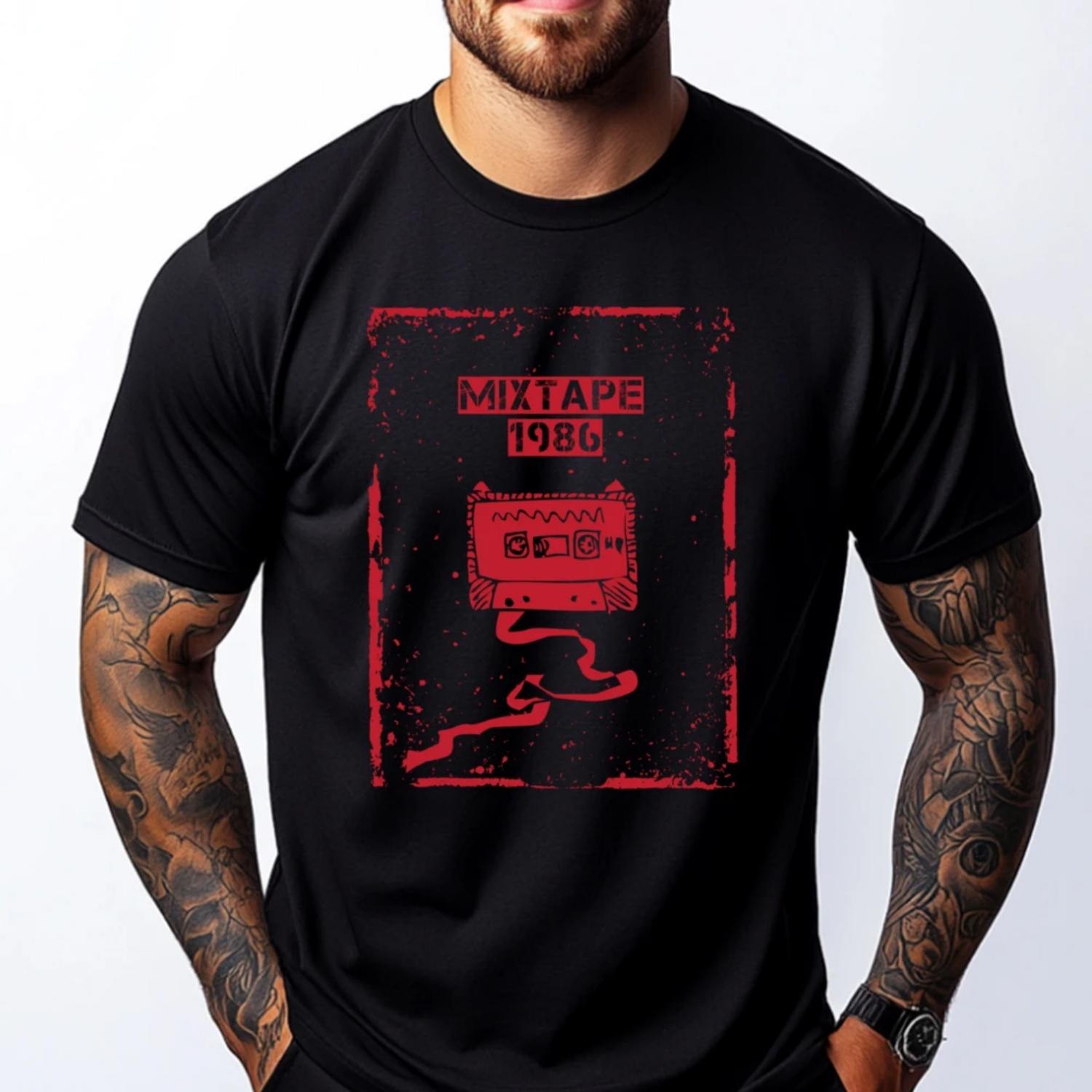 

Retro Mixtape 1986 Music Audio Cassette Tape Shirts Men Graphic Fashionable and Trendy Short Sleeve Tee New Years Eve S чёрный