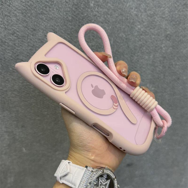 Pink Cat Ears iPhone 16/16 Pro Max Case with Magnetic Cat Tail, Transparent