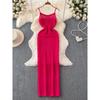 Bohemia Seaside Holiday Hollow Backless Spaghetti Straps Knitted Dress Women's High Waist Slim Looking Travel Beach Long Dress
