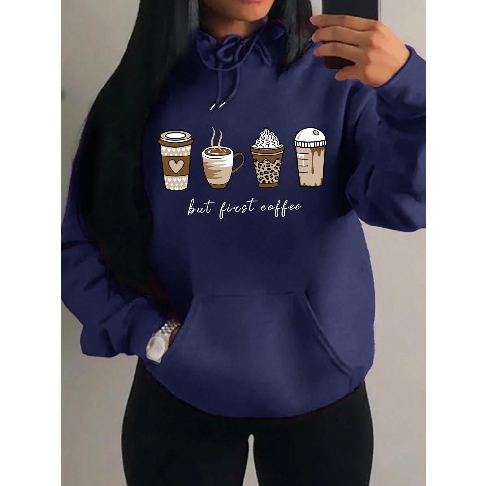 

But First Coffee Cartoons Coffee Drinks Pattern Hoodies Fashion Warm Hoody Casual Trendy Sweatshirt Street Women Pullovers XL