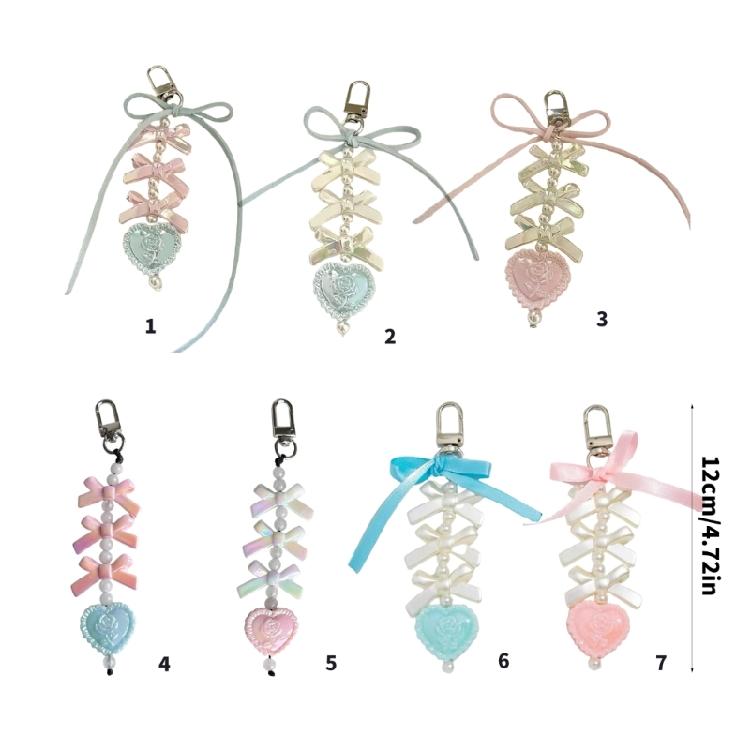 Elegant Bowknot and Heart Keychain with Pearls Stylish Bag Charm Accessories Handmade Car Key Ornament for Daily Use