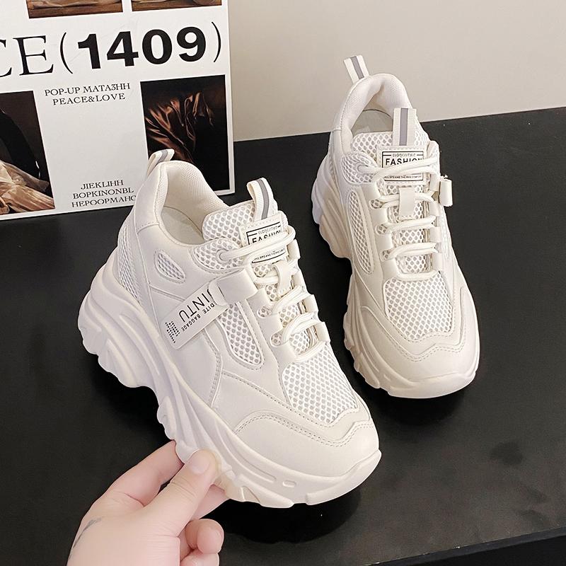 Fashion Summer Breathable Mesh Sneakers 9.5CM Hidden Heels Spring High Platform White Sports Dad Shoes Wedges Casual Chunky Sneakers