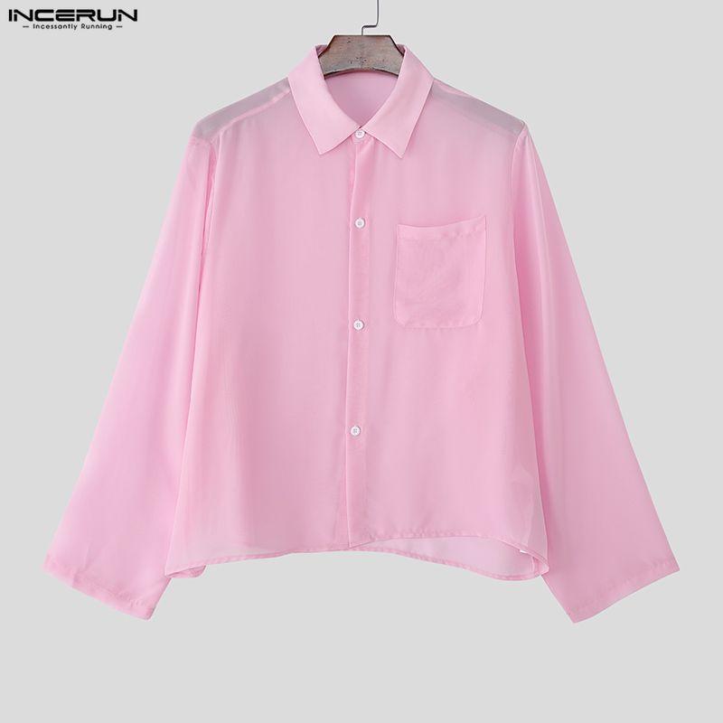 INCERUN Oversized Men Lapel Neck Drop Shoulder Long Sleeve See Through Mesh Shirts Tops