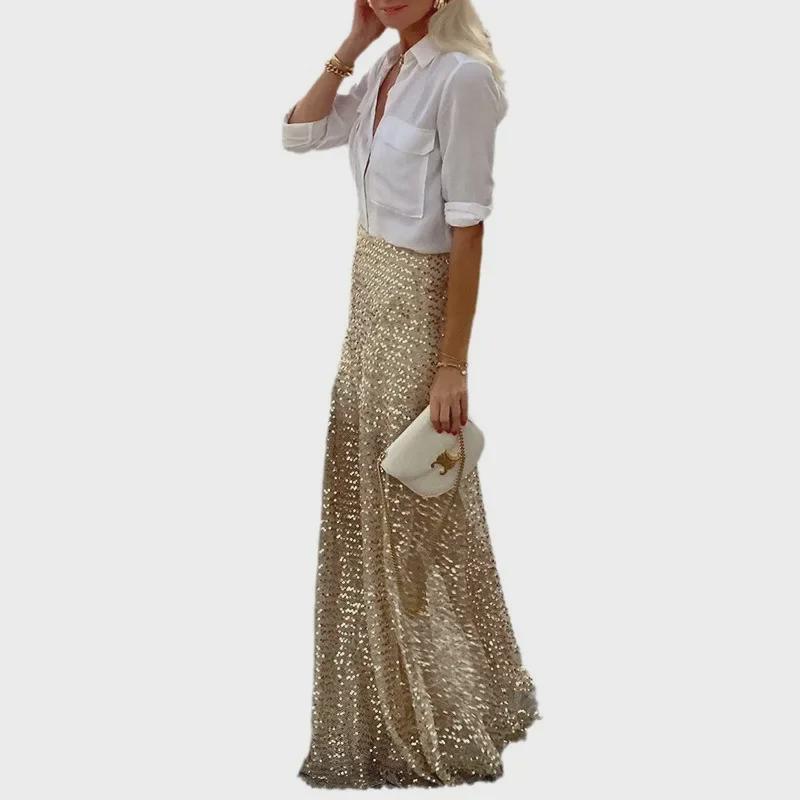 2025 Spring/Autumn Women's Long Sequin Midi Skirt - Europe & US Style