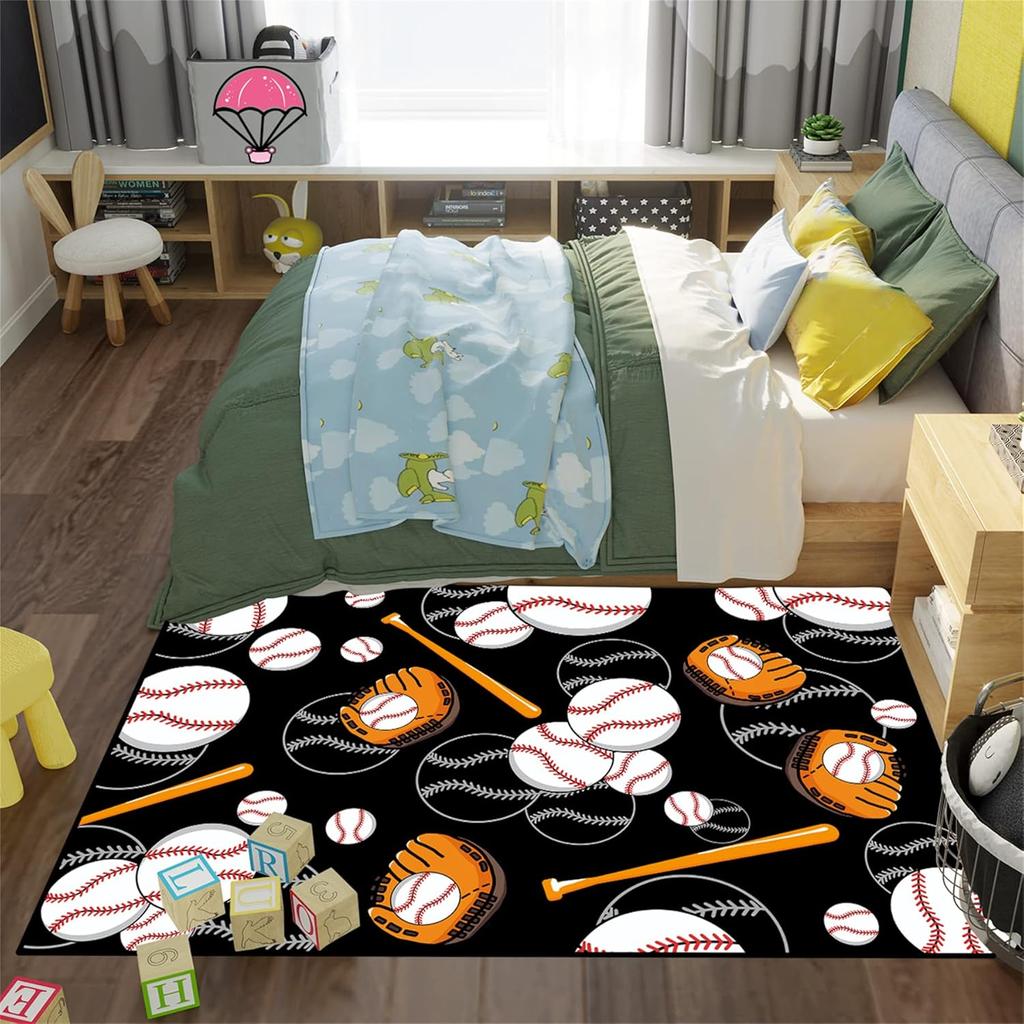 Baseball Rug for Boys Bedroom and Playroom, Non-Slip Sport Carpet, Living Room and Bedroom Decor