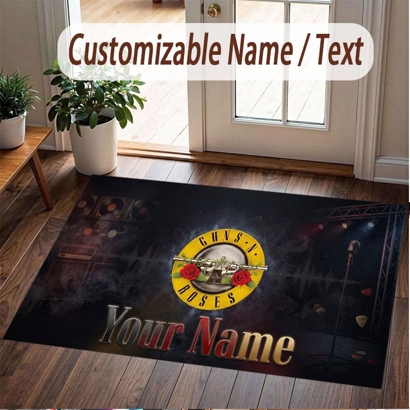 Custom Rug Guns N’ Roses Pattern Print Name Text Soft Non‑Slip Floor Carpet for Home Indoor Decoration