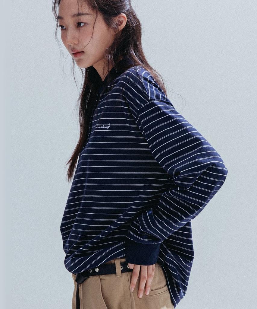 ANNEHEARTS Pin Stripe Collar Polo Tee_Navy