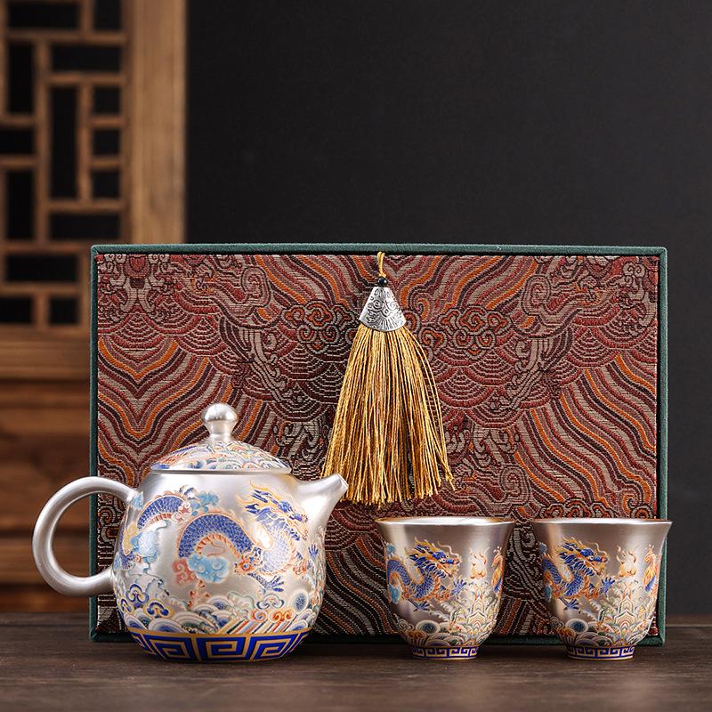 Luxury Dragon & Phoenix Silver-Plated Tea Set: One Pot, Two Cups, Dragon Egg Infuser, Gift Box Included