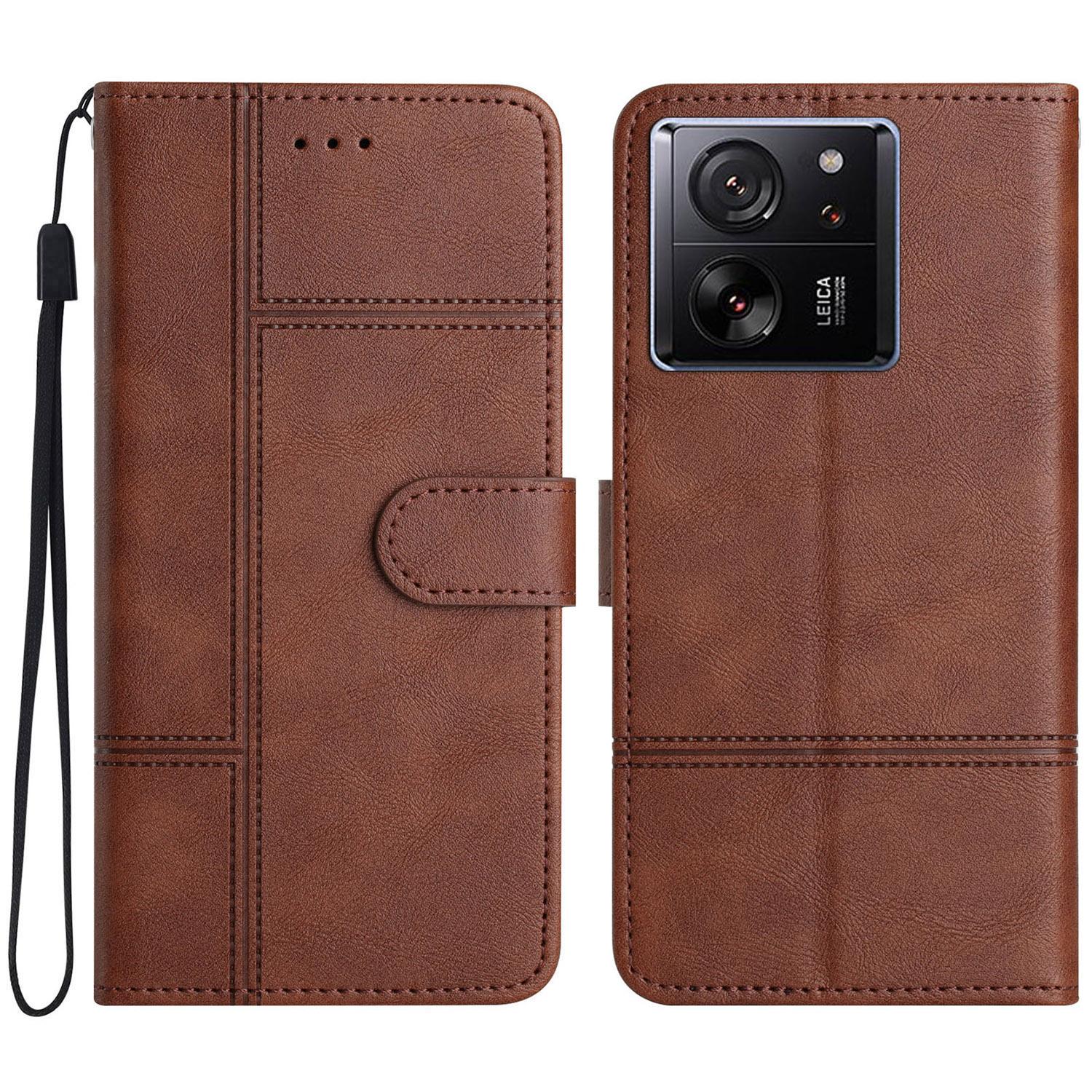 

For Xiaomi 13T/13T Pro/Redmi K60 Ultra Case Line Imprinted Wallet Phone Leather Cover Coffee