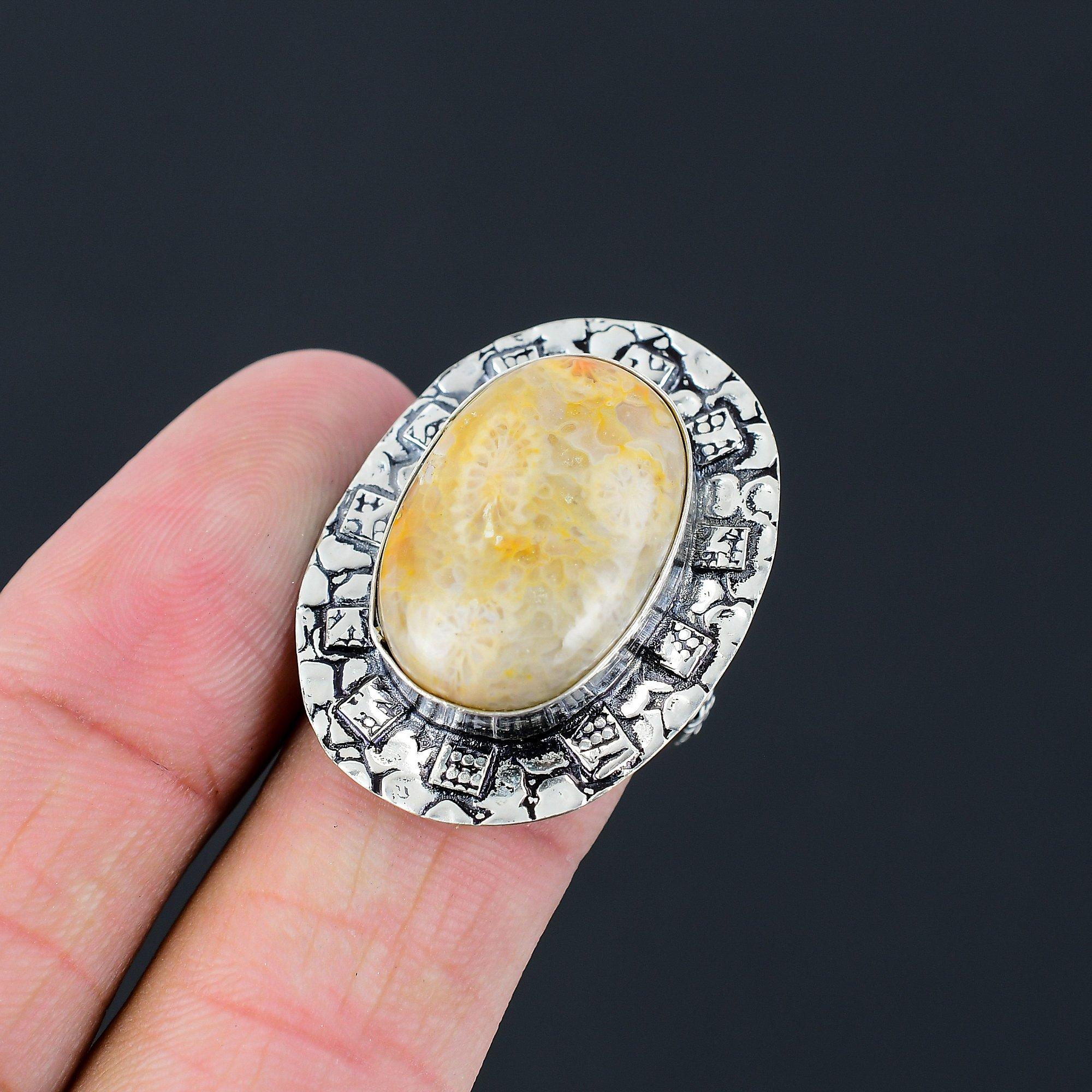 

Oval Fossil Coral Stone Statement Stackable New Ring Jewelry Size 8.5 925 Silver 8.5