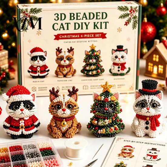 Festliches Feiertagsgeschenk 3D Perlen-Bastelset, Lebensechtes Weihnachtstier-Perlenbastelset, Partygeschenk Handgemachtes Einfaches Stickset für Kinder und Erwachsene Katze