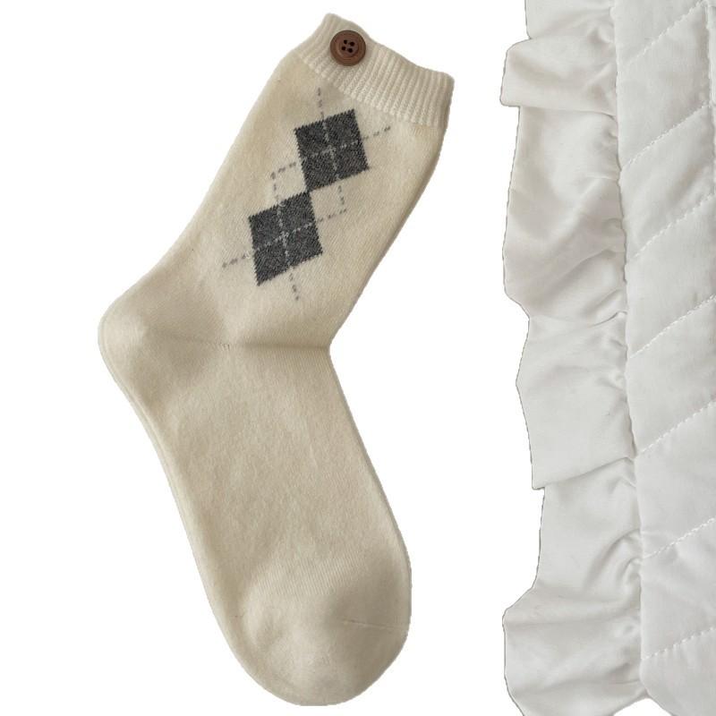 Diamond-shaped Wool Socks, Mid-calf Socks, Autumn and Winter Women's Casual Thickened Warm Women's Socks, Pile Socks