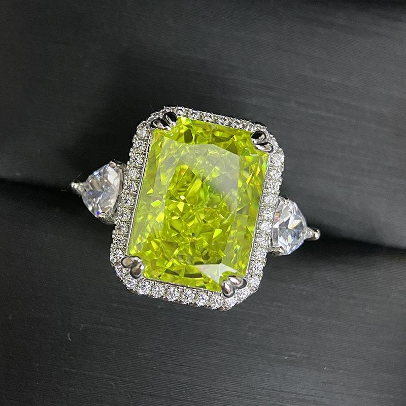 2026 Bright Sparkling Apple Green High Carbon Ice Flower Cut Ring, Luxurious Temperament Rectangular Diamond Ring Woman