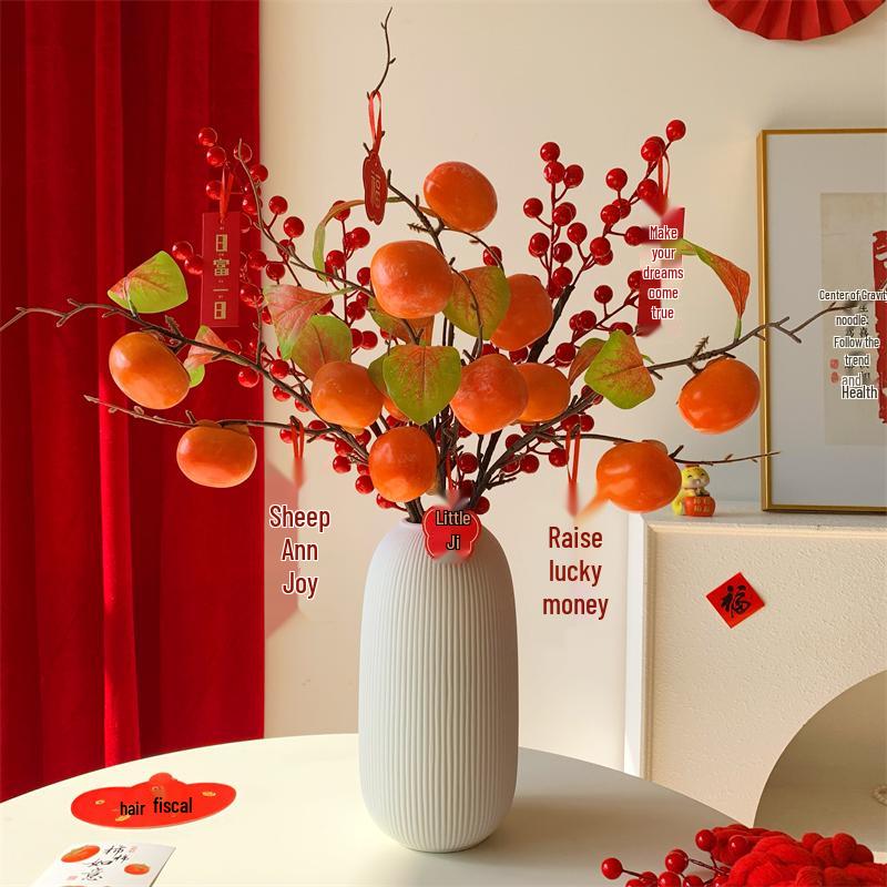 Persimmon Artificial Flower Arrangement: New Year Decoration with Red Fruit Accents for Living Room.