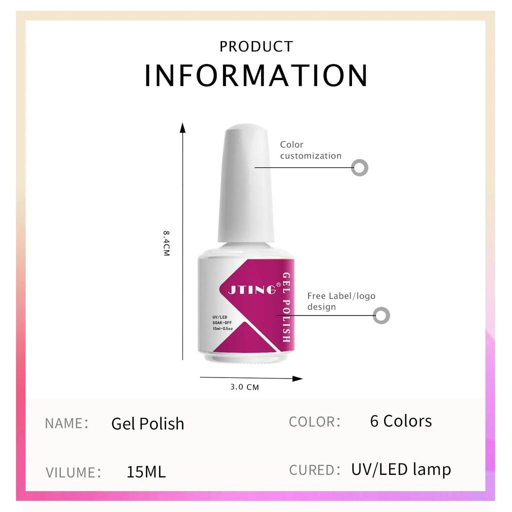 JTING Free Samples Design Neon Gel Uv Colors Set Nail Polish 6colors Kit OEM Make Your Own LOGO 15ml Nail GEL Polish Bottle