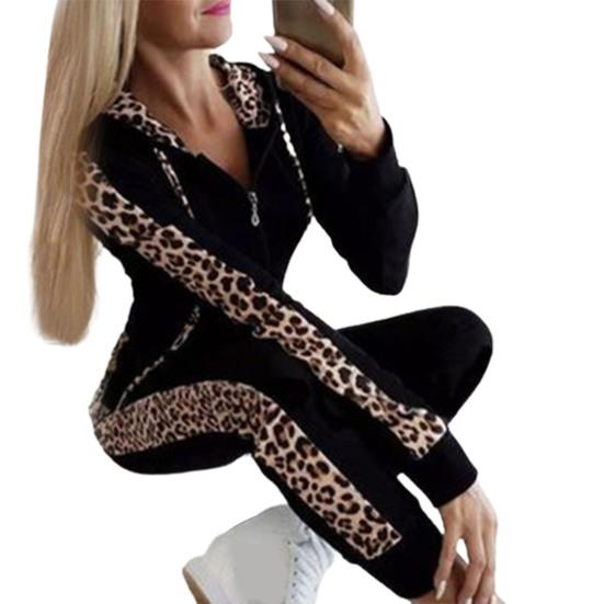 

Комплект світшота з капюшоном з довгим рукавом та штанів, що складається з двох предметів, з леопардовим оздобленням, на шнурку, спортивний одяг, вуличний стиль XL чорний