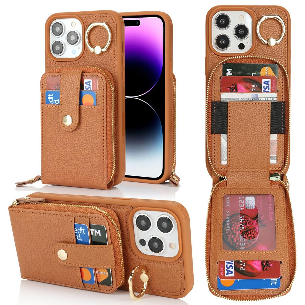 For iPhone 14 Pro Max Case with Zipper Pouch/Ring Kickstand/Strap Litchi Texture PU + TPU Phone Cover