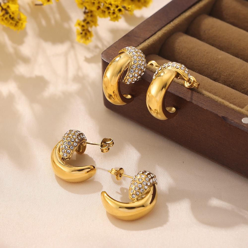 18K Gold Plated Crescent Moon Diamond Earrings - Exquisite Titanium Steel Jewelry